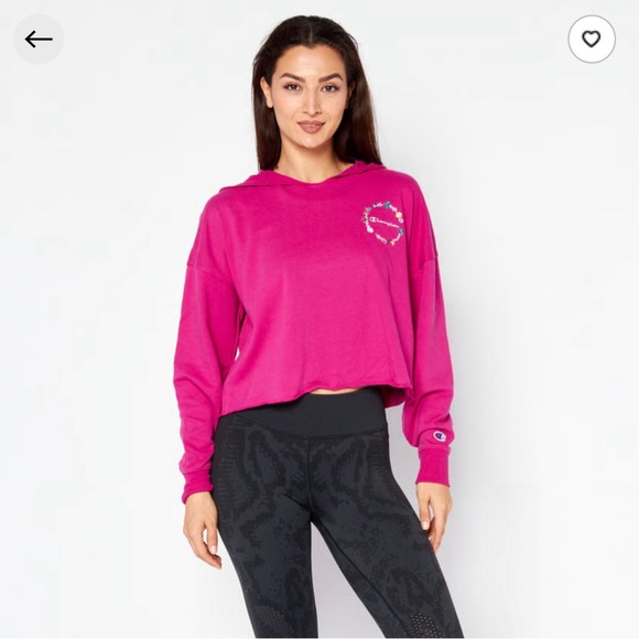 🎄🎁Champion New Cropped Hoodie Floral Script Logo Dark Pink S - Picture 5 of 14